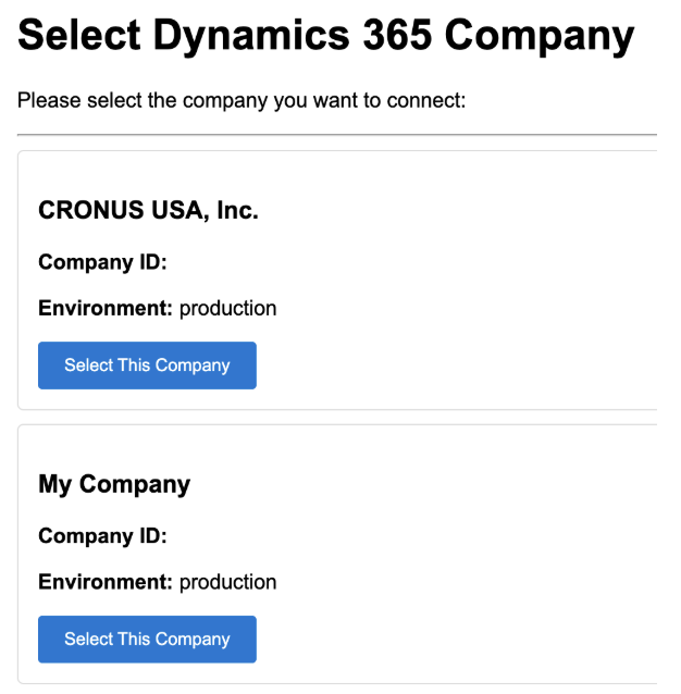 Dynamics company selection screen during connection