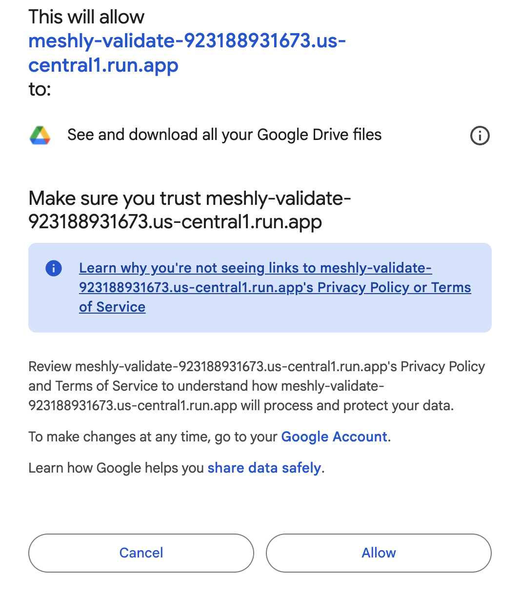 Google OAuth consent screen granting Drive access